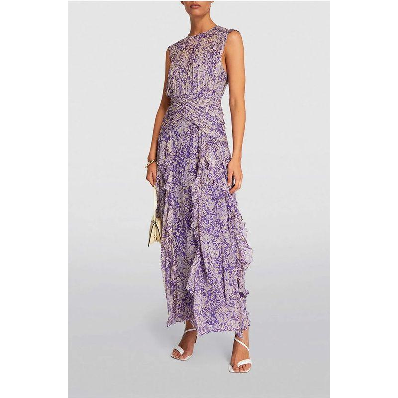 

European and American Spring and Summer Strapless European and American Women clothes V-neck Chiffon Printing Fairy Long Temperament Evening dress Purple XL