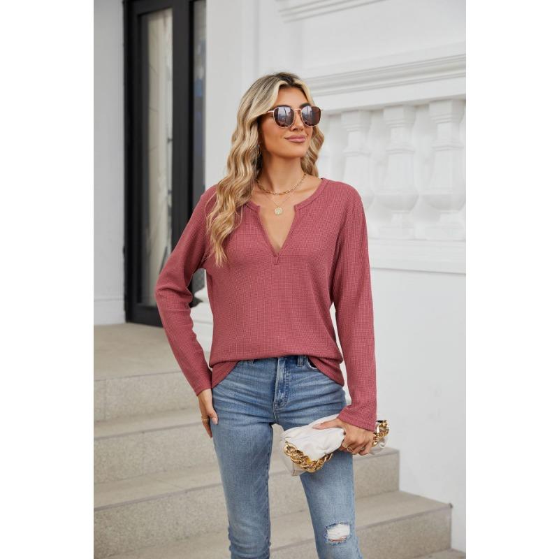 Spring and Autumn Women's Blouse Loose V-neck Long-sleeved Solid Colour Casual Tops