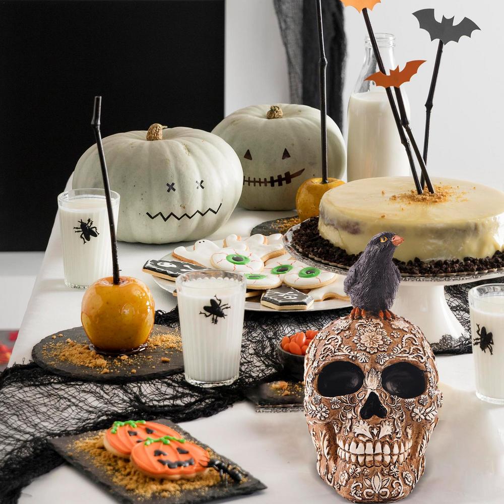 Halloween Raven On Skeleton Figurine Resin Room Decor Terror Desktop Ornament Realistic Collectible Prop Decoration Display For