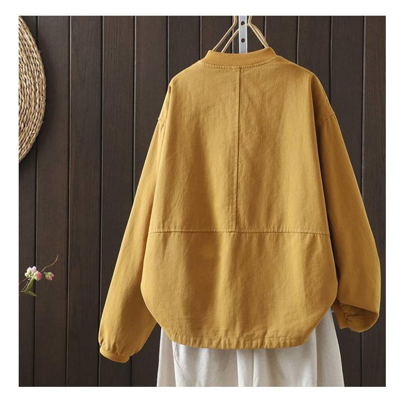 Spring Women Jacket Stand-up Collar Solid Color Loose Leisure Long Sleeve Commute Coat Women Retro Clothes