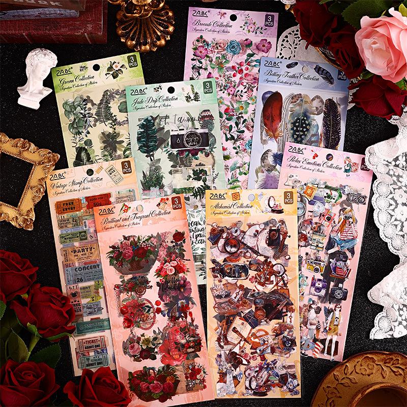 3 Pcs Vintage Plant Tent Sticker Waterproof PET Material Cut Film Creative Sticker Pack Junk Journal Supplies