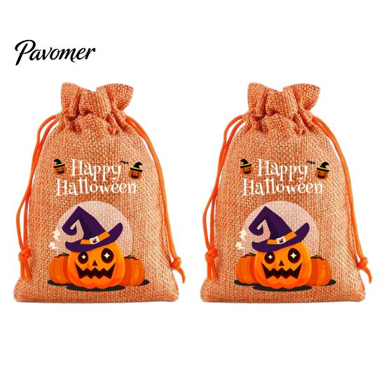 Trick or Treat Party Souvenirs 2Pcs Halloween Pumpkin Drawstring Bags for Candy Treats, Retro Burlap Rustic Linen Goodie Bags, Portable Kids