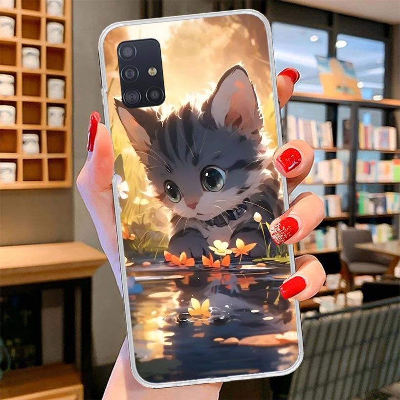 Cartoon Cute Cat Fish Aesthetic Cover Phone Case For Samsung Galaxy A12 A22 A32 A52 A72 A02S Phone Case Note 20 Ultra 10 S10 Plu
