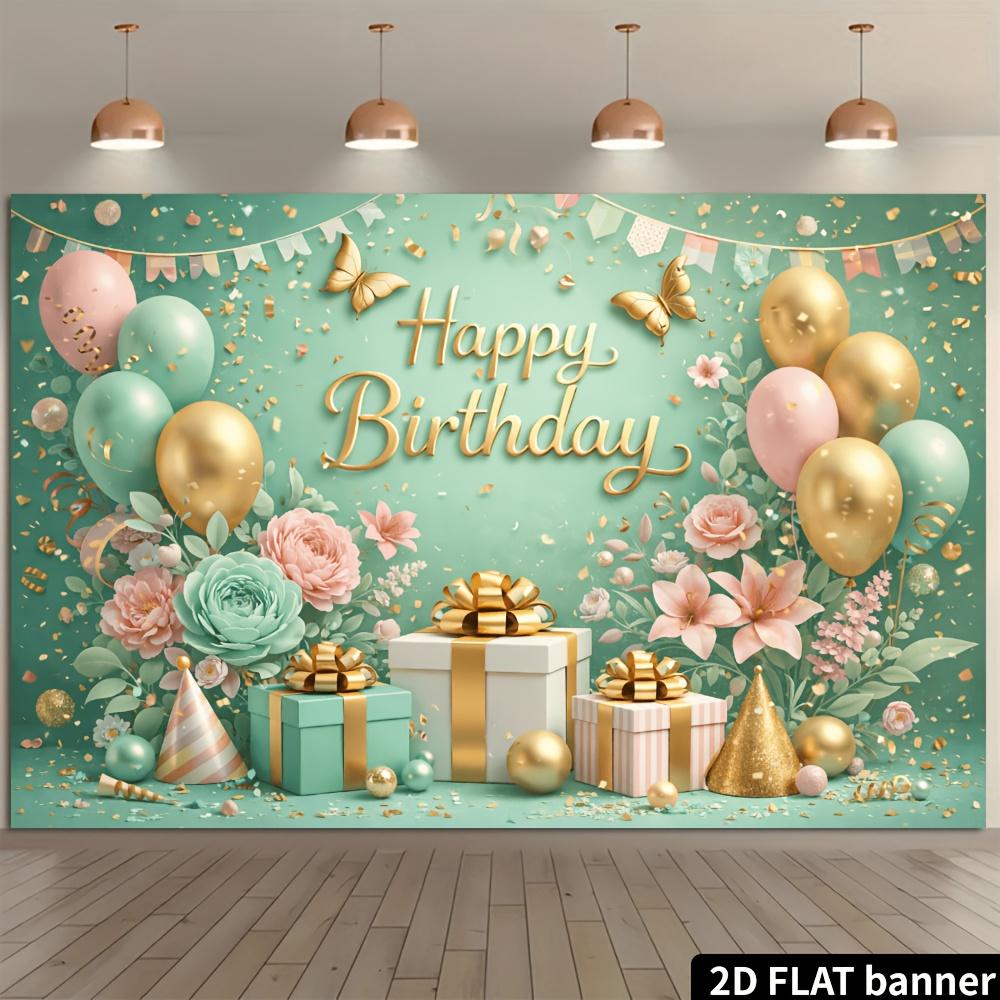 Tissu de toile de fond de fête d'anniversaire plan 2D couleur menthe avec texte en feuille d'or « Joyeux Anniversaire », fabriqué en polyester durable.