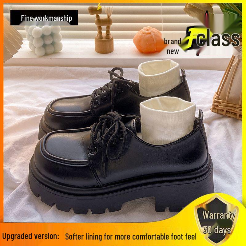 Women's Black Height-Boosting Retro Loafers - Thick Sole, British Style, 2025 Spring Collection