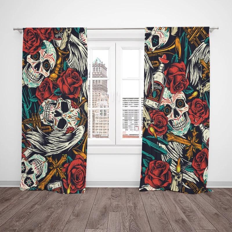 Light Blocking Floral Skull Printed Curtain Design Polyester Halloween Window Decor Gothic Home Set Of 2 Made With Rod Pocket Washable