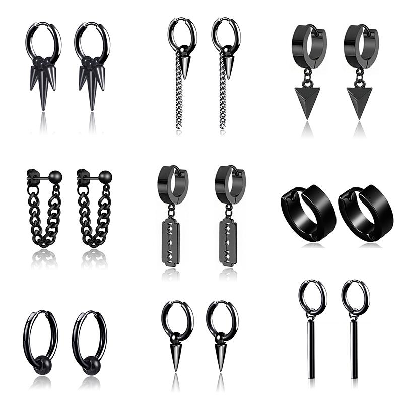 1 pair Punk Multiple Styles Fashion Black Color Stainless Steel Simple Earrings for Women And Men Punk Zircon Gifts