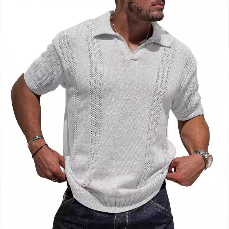 Men Hollow Out Knit Short Sleeve Polo Shirt Casual Top S белый