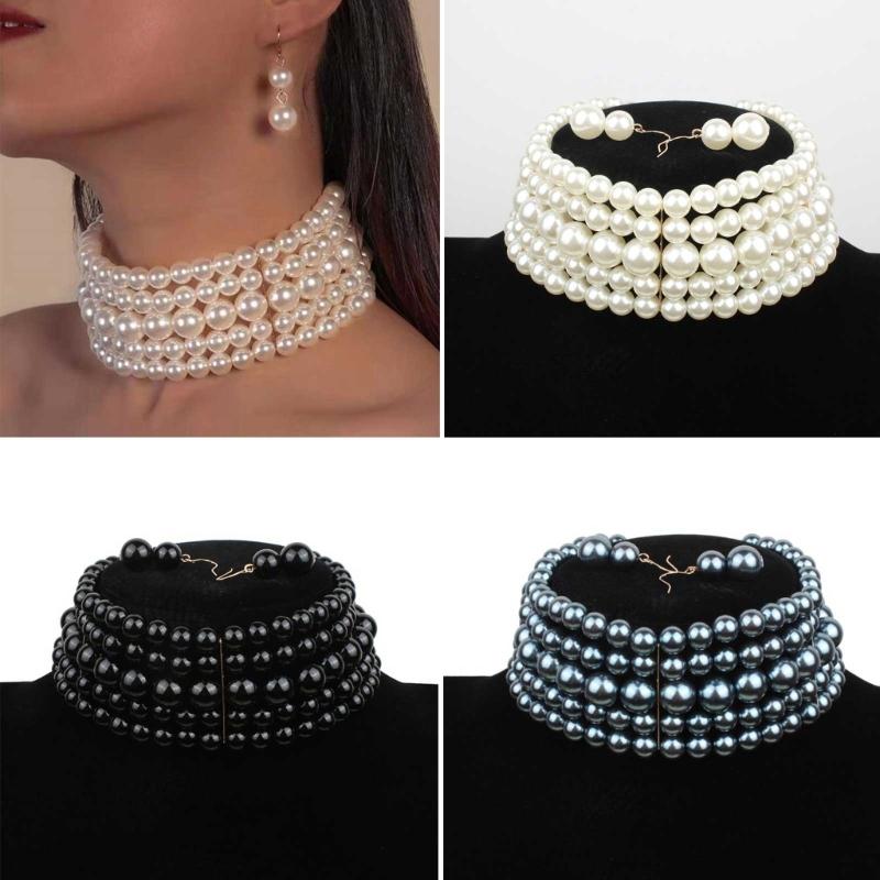 Fashion Faux Pearl Layered Necklace and Earrings Vintage Choker Necklace Jewelry Multi-Strand Pearl Choker Necklaces
