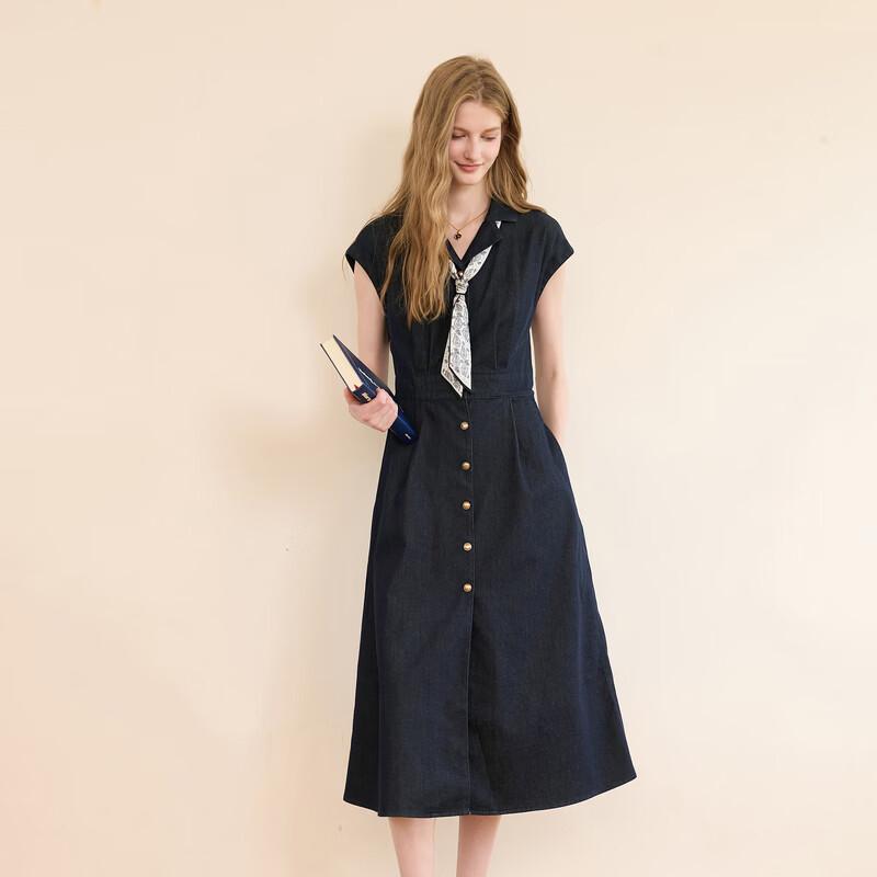 Sancai Western Collar Single-breasted Denim A-line Dress