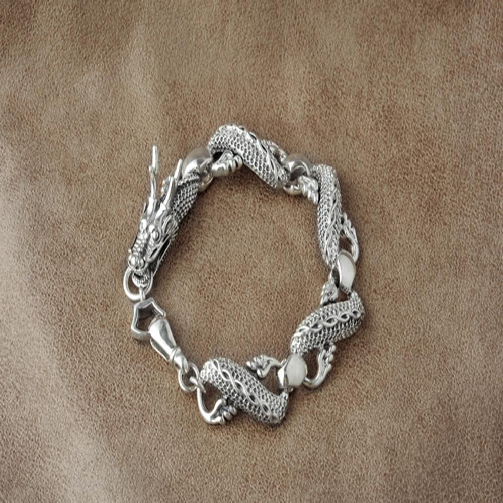 Ethnic Style Chinese Dragon Bracelet Classic 925 Sterling Silver Chain Bangle Simple Wrist Chain For Men Women Jewelry Family