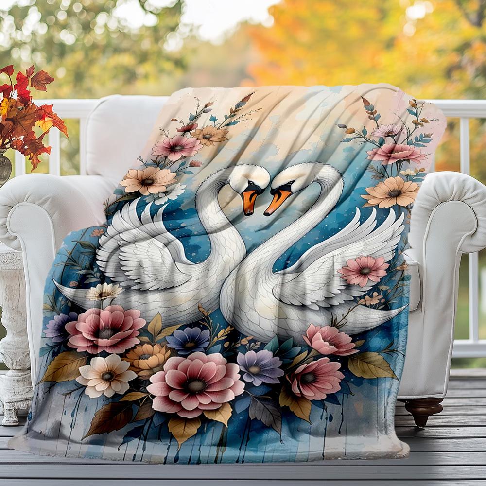 1pc Swans Flowers Outdoor Flannel Blanket Soft Warm All-Season Throw for Sofa Bed Car Camping Office, Cozy Gift Idea1134S