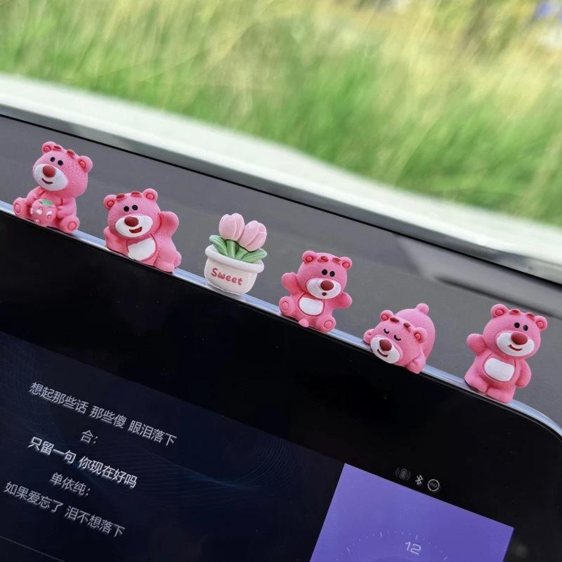 Car ornament cute strawberry bear central control screen decompression little doll car interior decoration new internet famous