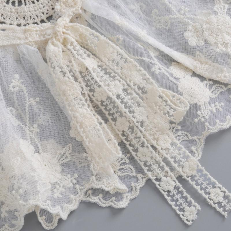 Korean Style Women False Collar Shawl Scarf Elegant Embroidery Lace Pleated Lace-Up Bowknot Shoulder Wrap Poncho Cape