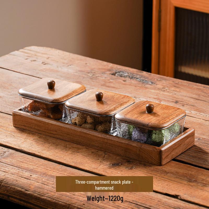 Compartmented Walnut Wood and Glass Snack Tray