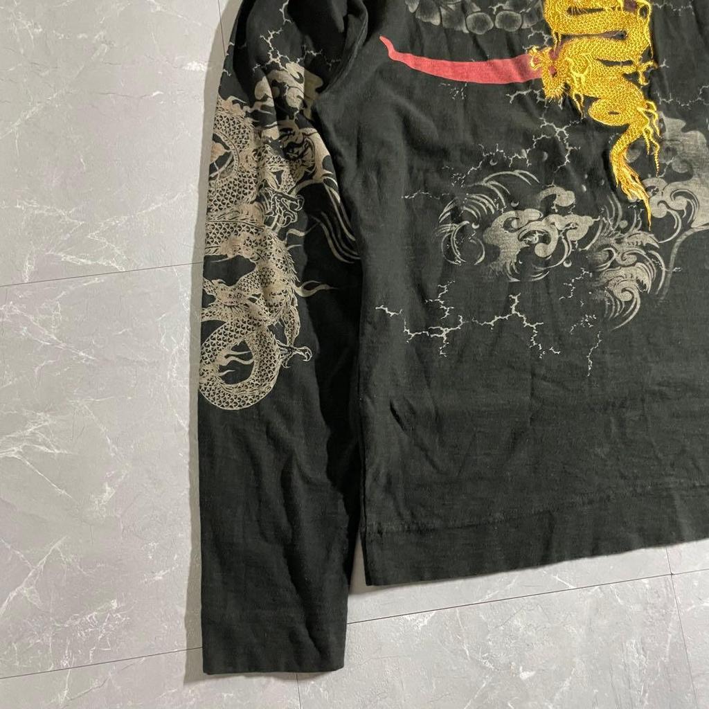 Used archive Karaku-Tamashii Gold Rising Dragon Embroidery Japanese Pattern Long Sleeve Shirt L Size