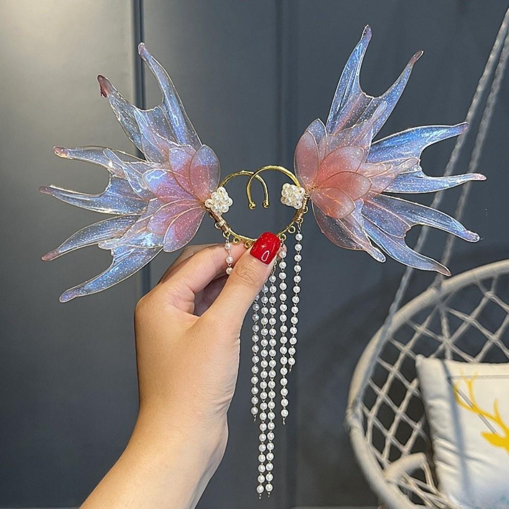 Flower Ear Fins Ear Cuffs Fairy Elf Pearl Tassel Ear Clips Mermaid Princess Ear Cuffs  Cosplay