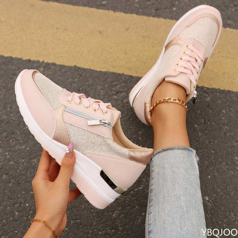 Spring and Autumn Fashion Thick Soled Tall Women's Single Shoes Casual Versatile Slope Heel Zipper Sports Style Women's Shoes