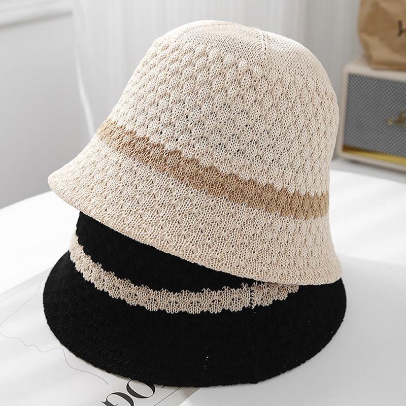 Summer Mesh Breathable Knitted Bucket Cap For Women Solid Color Wide Brim Sun Protection Panama Hat Outdoor Girls Travel Bob Hat