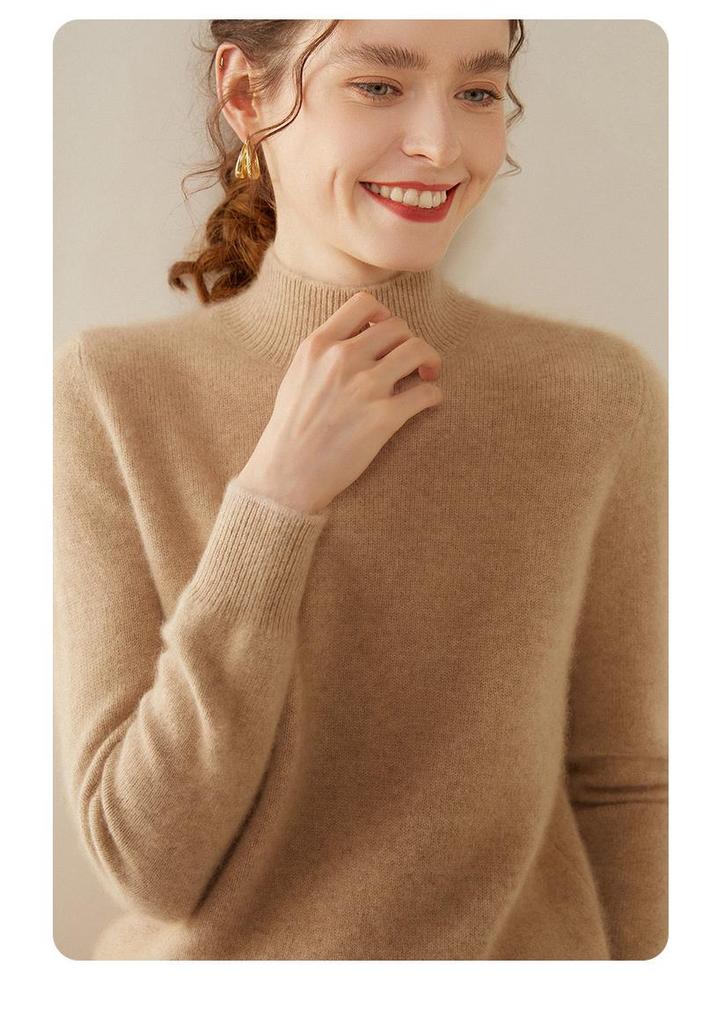 Women's Slim-Fit High-Neck Cashmere Sweater, Elegant & Versatile, Solid Color Knitted Layer