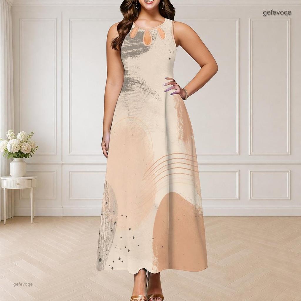 Women Plus Size Round Neck Triple Keyhole Cutout Sleeveless Abstract Floral Leaf Printed Long Dress