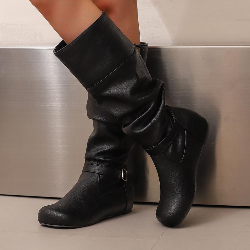 Women's flat-bottomed casual boots autumn and winter new inner height increase solid color large size medium boots