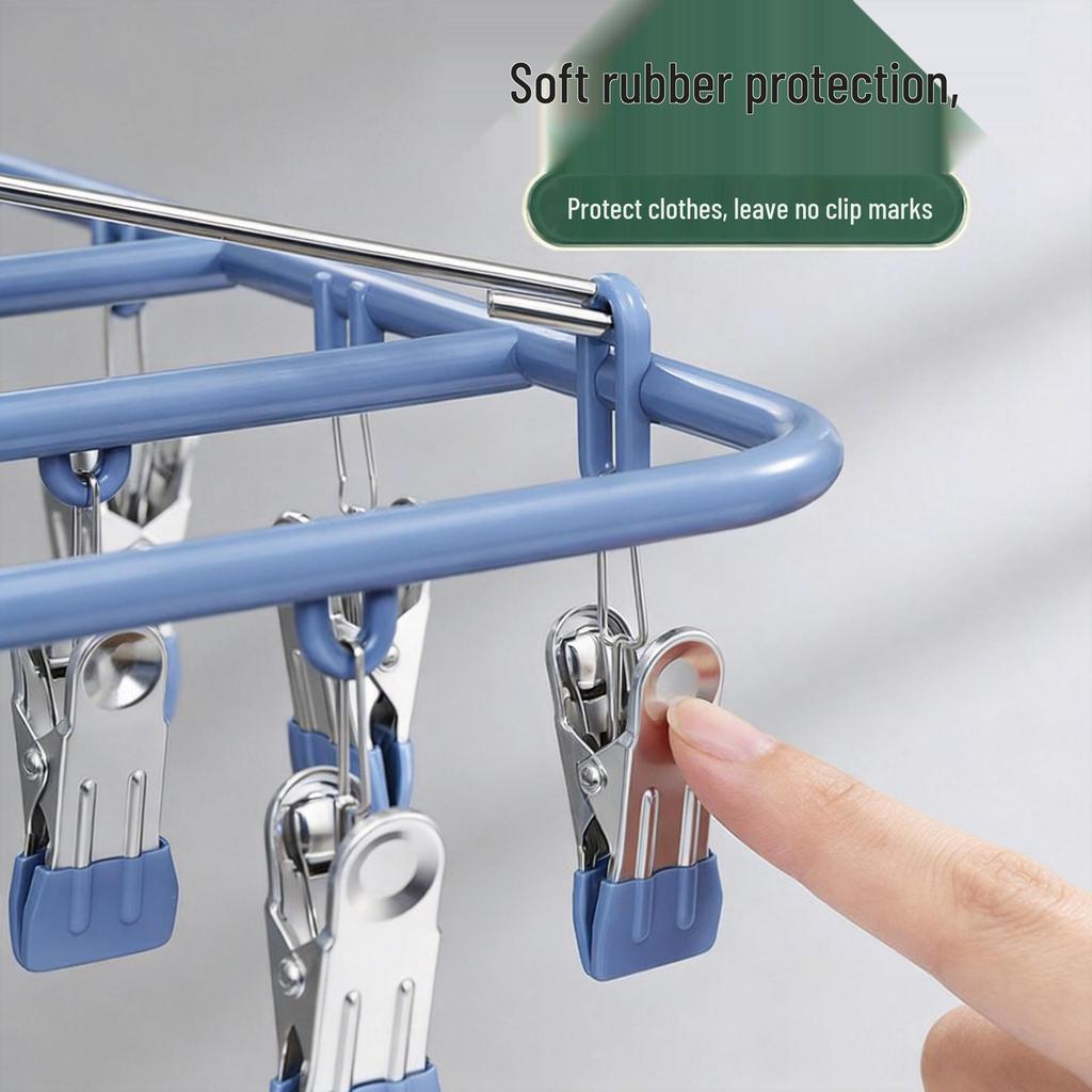 Rotatable Stainless Steel Clothes Drying Rack with 18 Windproof Rubber-Coated Clips for Socks and Underwear