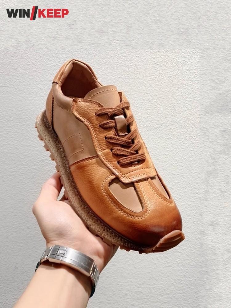 

Mens Genuine Leather Retro Lace Up Versatile Thick Platform Height Increase Sneakers Sport Running Jogging Skateboard Patchwork 38 чорний