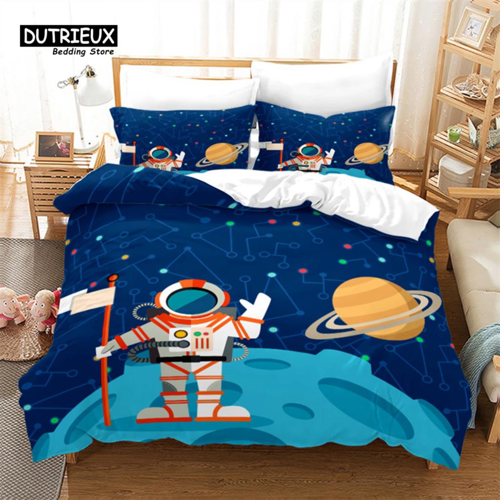 Cartoon Astronaut Duvet Cover King For Boys Girl Galaxy Space Bedding Set Microfiber Rocket Ship Space Adventure Comforter Cover