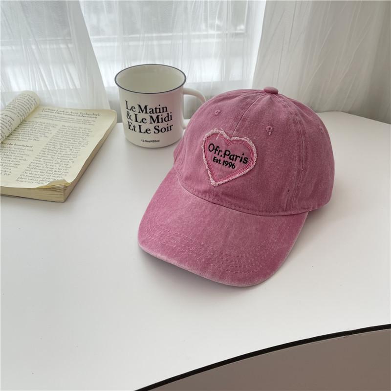 Spring and Summer Sweet and Cool Heart-shaped Pink Embroidered Baseball Cap Versatile Retro Washed Soft Top Duckbill Cap