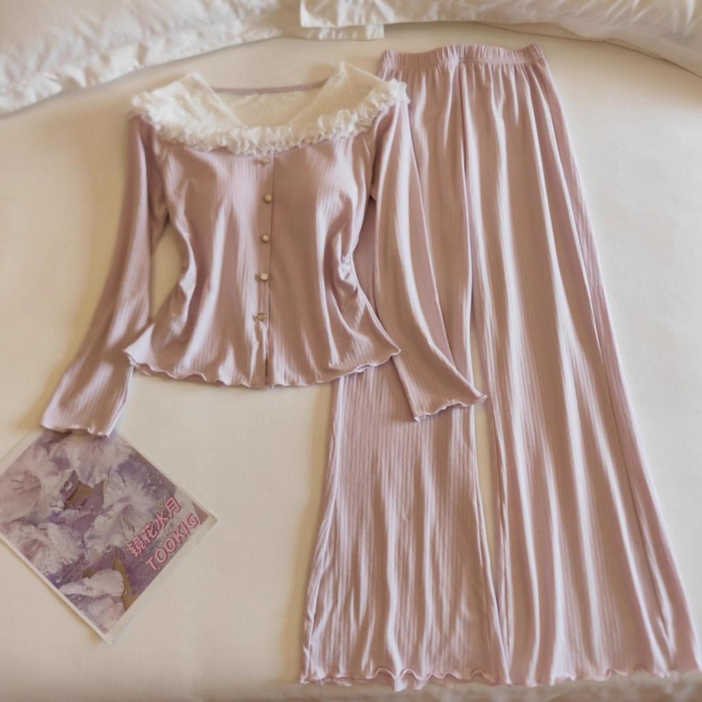 Women's French-Inspired Long-Sleeve Modal Cotton Homewear with Chest Pads