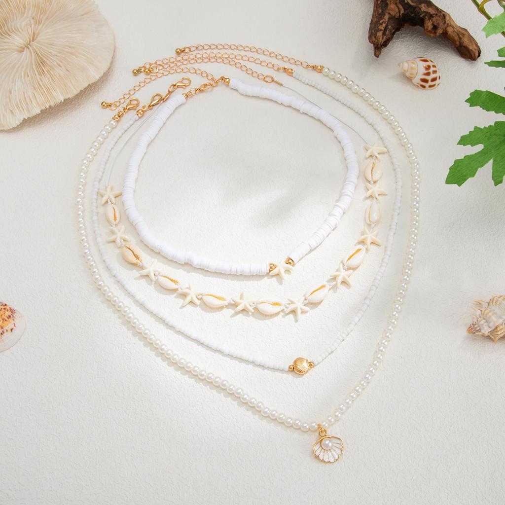 Salircon 4 Pcs/Set Summer Ocean Bohemian Necklace Trendy Imitation Pearl Polymer Clay Scallop Starfish Pendant Necklace Jewelry