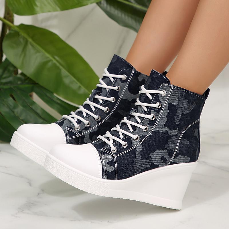 Women's High Top Wedge Sneakers Fashion Blue Camouflage Canvas Shoes Woman Lightweight Lace Up Platform Ankle Boots for Women