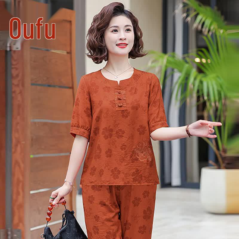 New Chinese Style Floral T-Shirt Two-Piece Set 3XL