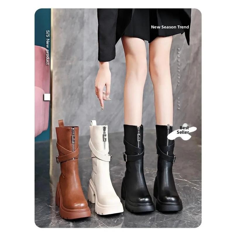 Women'S New Autumn/Winter Thick Soled Front Zipper Knight Boots Black Retro Casual Motorcycle Boots Short Tube