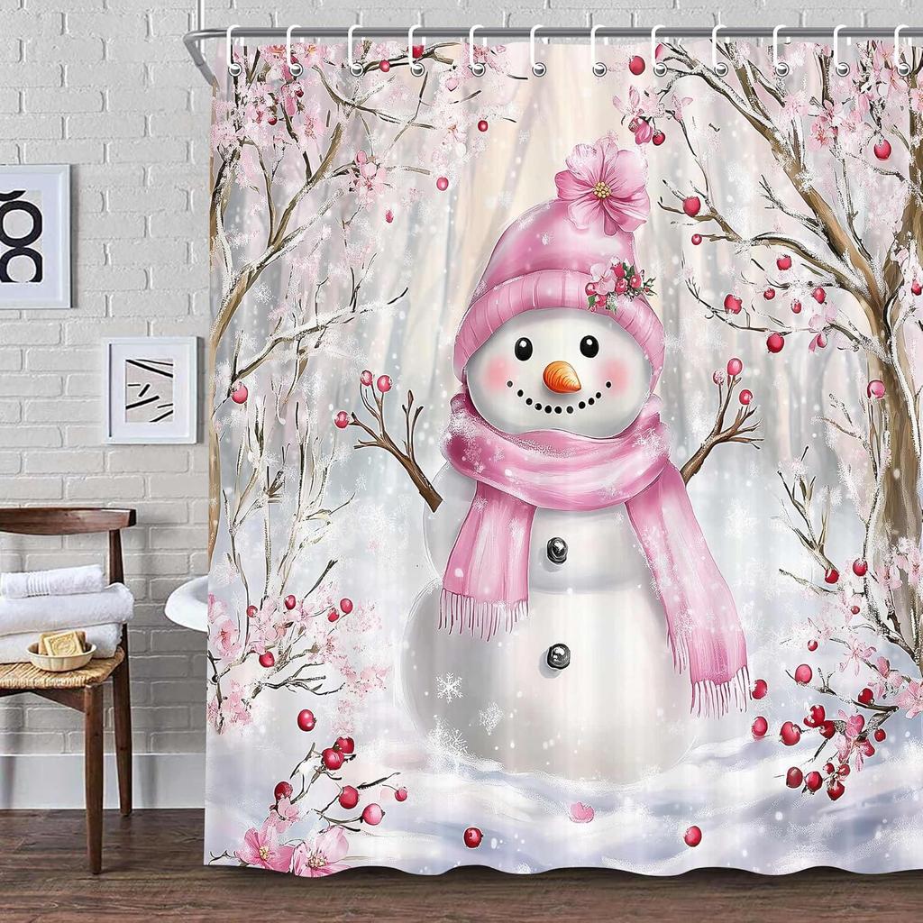 Winter Christmas Shower Curtain,Holiday Blue Snowman Bath Curtain Xmas Gift,Eucalyptus Leaf Flower Floral Bathroom Accessories