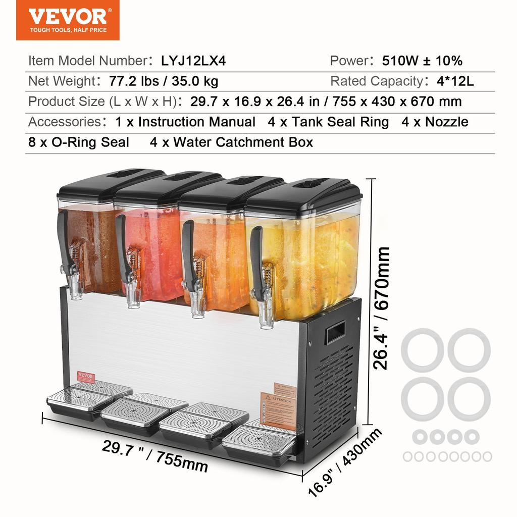 VEVOR Commercial Beverage Dispenser, 4 Tanks 12 L Per Tank Juice Dispenser