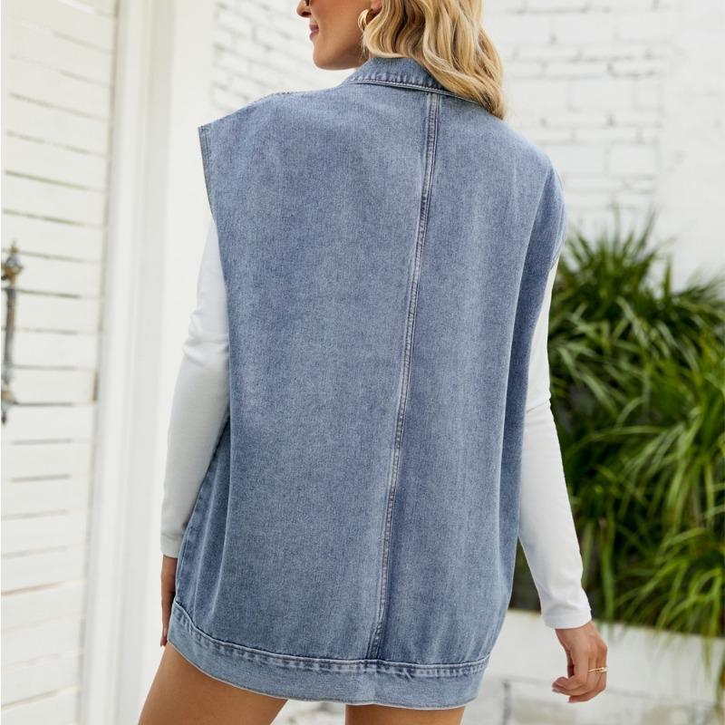 Fashion Sleeveless Women Loose Denim Shirts Lapel Elegant Simple Office Denim Jackets Spring Autumn Female Casual Simple Waistcoat Streetwear Coats