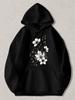 Black Pullover Hoodie with White Floral Print Long Sleeve Sweatshirt with Kangaroo Pocket And Drawstring Hood Casual Streetwear To