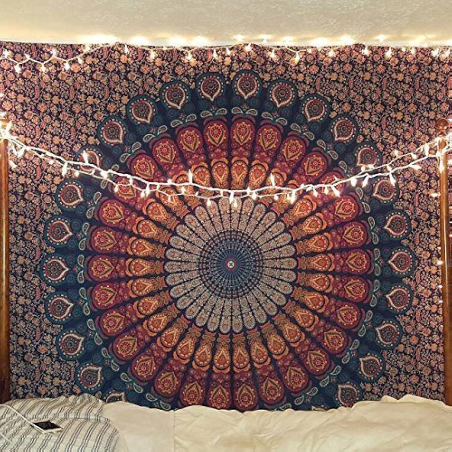 Bless International Indian hippie Bohemian Psychedelic Peacock Mandala Wall hanging Bedding Tapestry (Golden Blue, 182.88L X 137.16W cm) 100X70CM