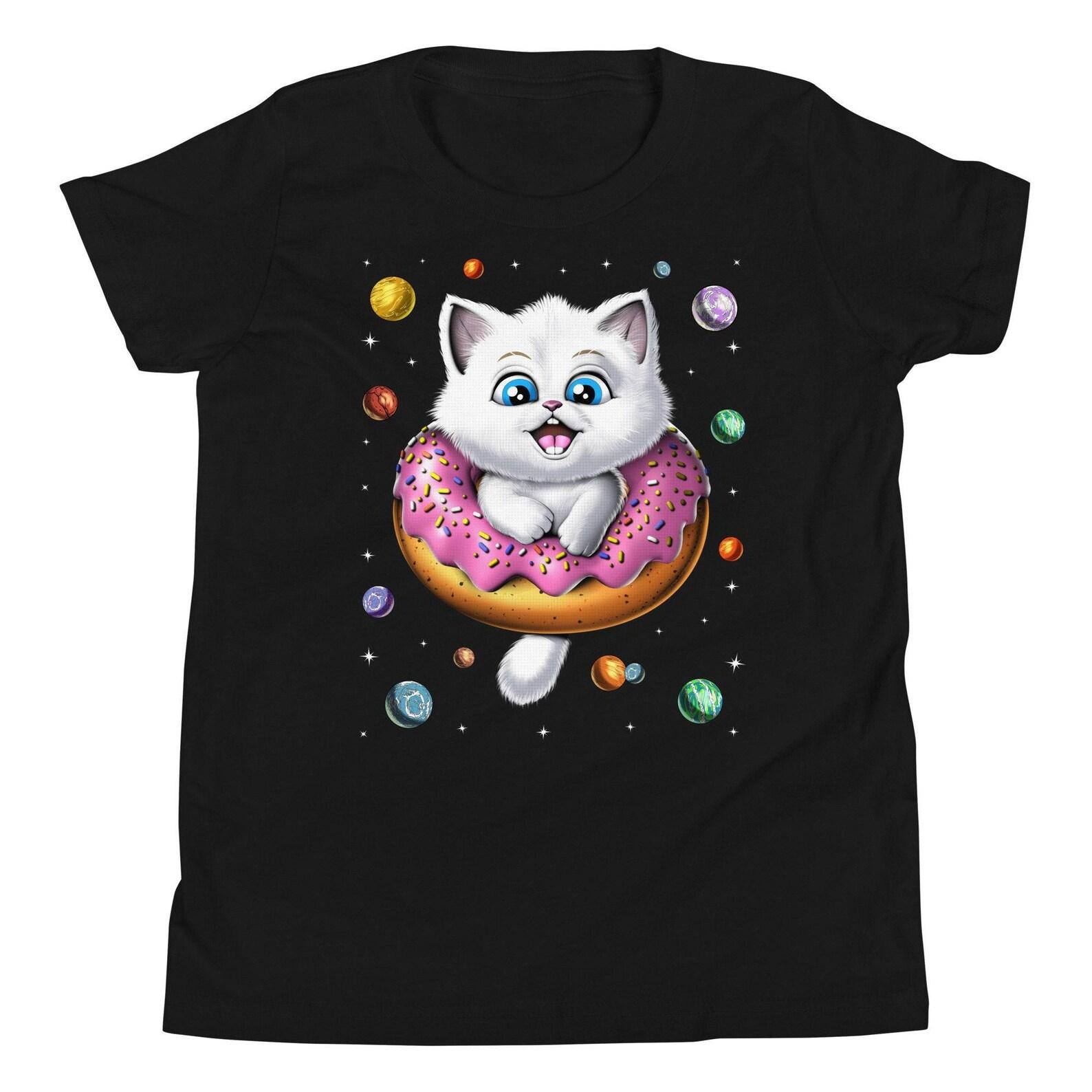 Kawaii Cat Kids T-Shirt, Donut Kids Shirt, Space Cat Girls Tee, Doughnut Shirt, Cute Cat Shirt, Cat Clothing, Funny Cat Clothes, Cat Apparel 100