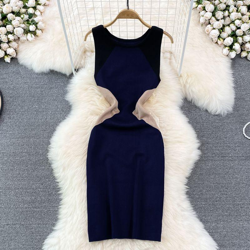 K-style Chic Contrast Color round Neck Vest Dress Summer New Arrival Fashion Slim Fit Slimming Sleeveless Knitting Sheath Dress