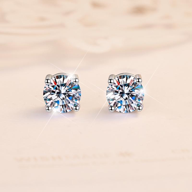 Fin Jewel GRA VVs1Moissanite Earrings 0.8CT/1Ct/2Ct Round Bright Cut 925 Sterling Silver VVs1Moissanite Stud Earring for Woman