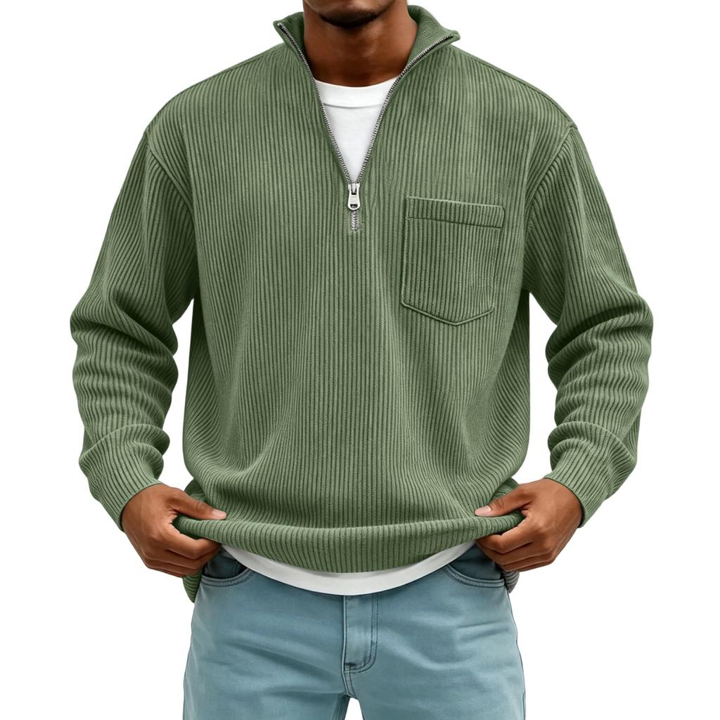 Men's Corduroy Long Sleeve Mock Neck Pullover with Front Pocket Casual Retro
