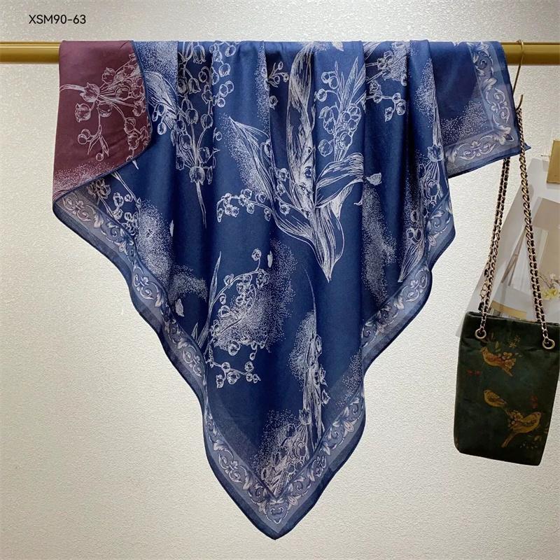 Double-Sided Faux Silk And Wool Printed Scarf For Women Spring And Autumn 90Cm Square Scarf Foulard Bandana Femmel Headscarf