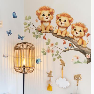 Cartoon Three Little Lions - Butterfly and Bird Children's Room Interior Wall Decorative Stickers