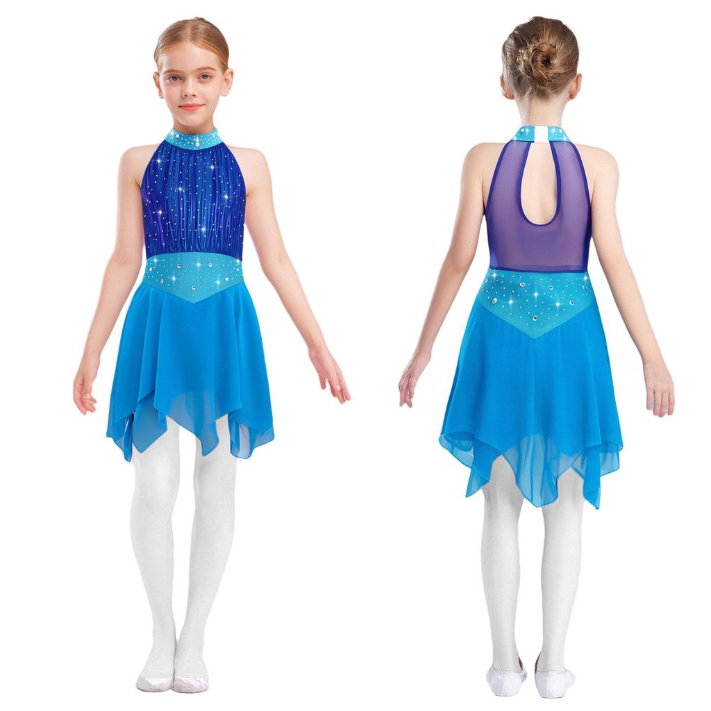Kids Girls Ice Skating Performance Dress: Sleeveless Keyhole Back Rhinestone Metallic Mesh Bodice with Irregular Chiffon Hem for Competition