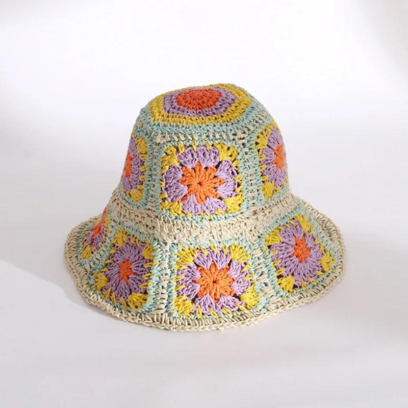 Japan Korea Crochet Beach Straw Hat Women Summer Flowers Grid Pure Hand-woven Hat Sunshade Fisherman Breathable Bucket Gorras