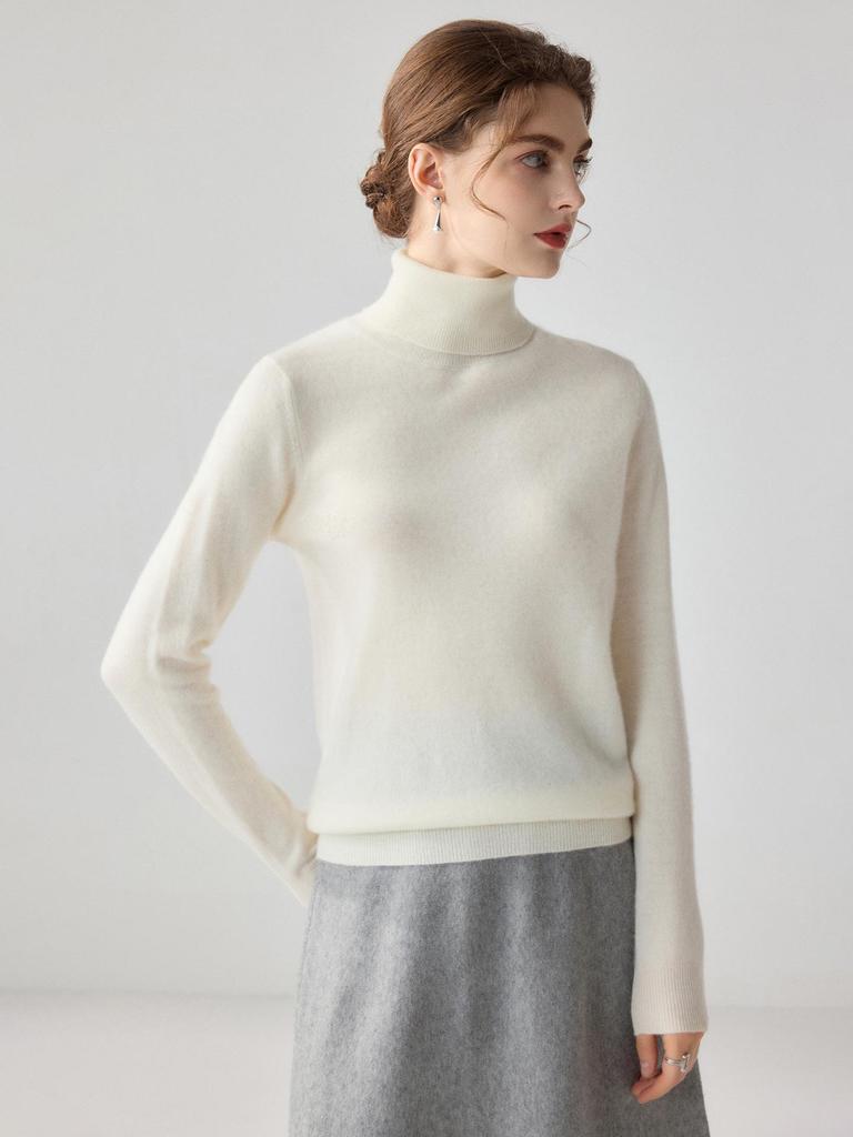 Women's High Neck Cashmere Sweater - Long Sleeve Wool Knit Solid Color Top for Autumn/Winter