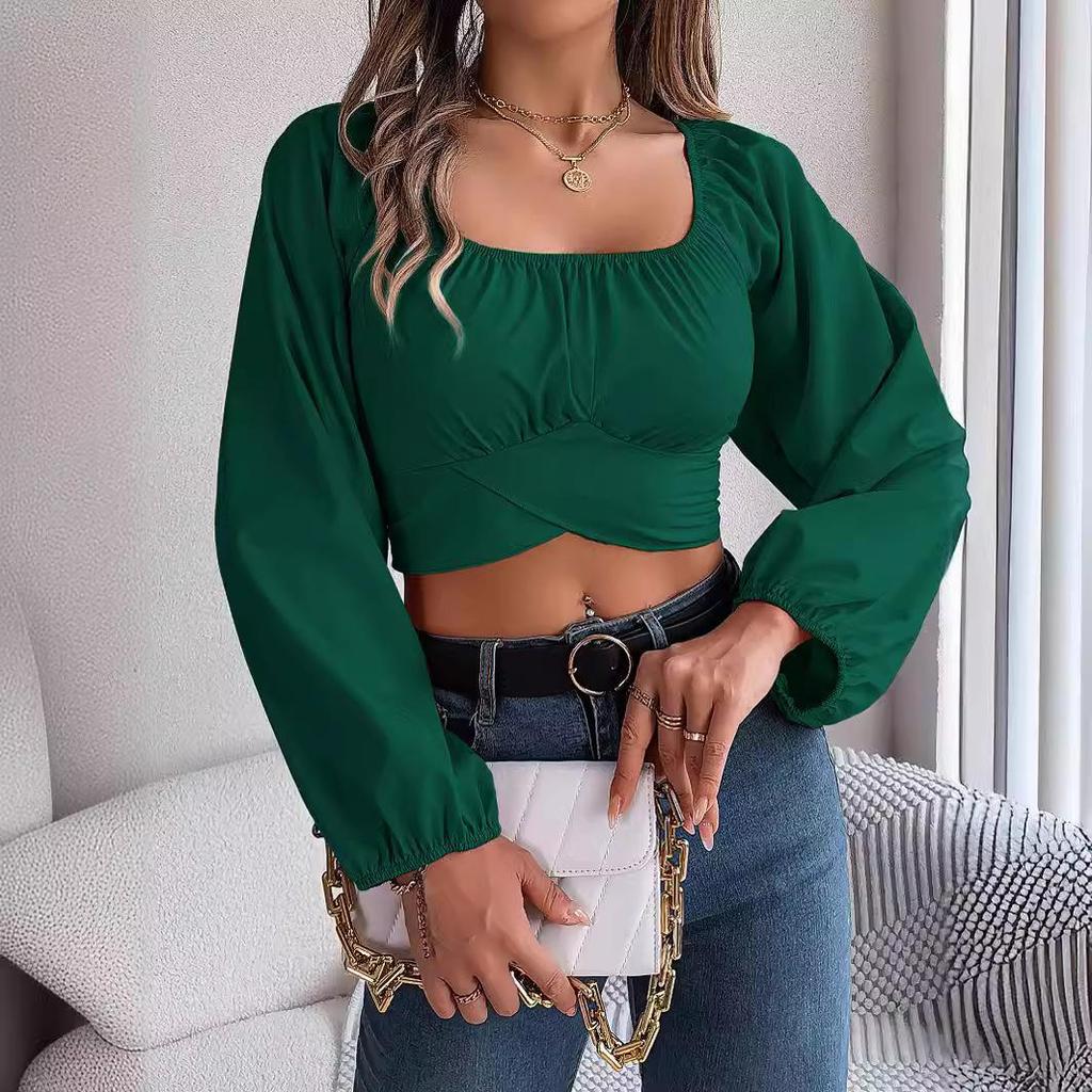 Women Long Sleeve Square Neck Tees Solid Color T Shirt  Ladies Tee Shirt Street Wear Top